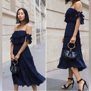 Misa Los Angeles Navy Blue Off Shoulder Midi Tiered Dress Women's Medium